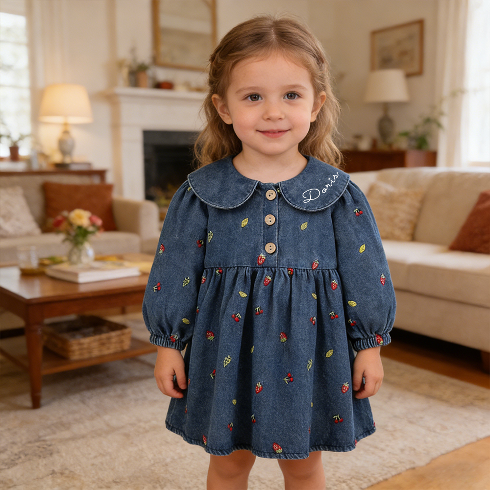 Personalized Girl Fruit Embroidered Denim Dress| Dress82