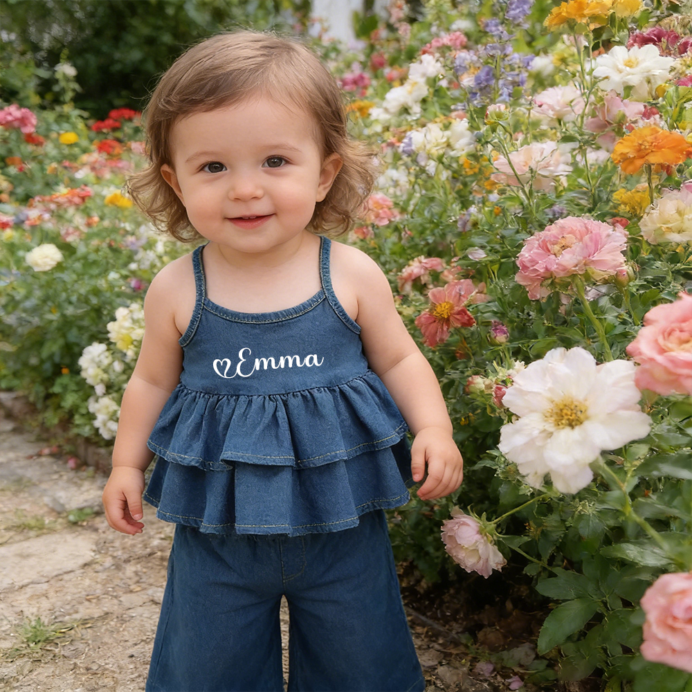 Personalized Girl Sleeveless Ruffle Denim Two-Piece Outfit| Cloth270