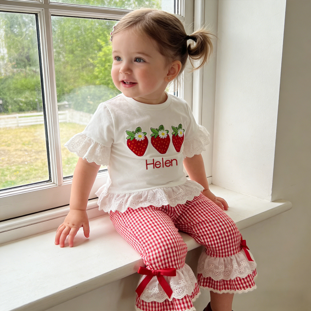 Personalized Girl Strawberry Embroidered Gingham Ruffle Set| Cloth272