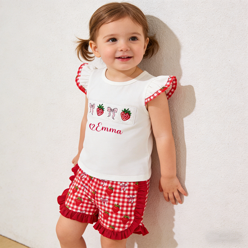 Personalized Girl Strawberry Ruffle Sleeve Top & Shorts Set| Cloth273