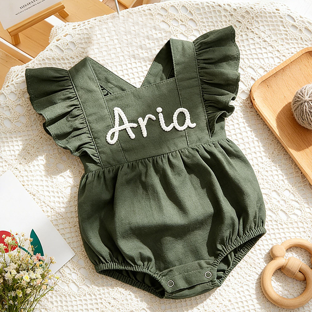 Personalized Baby Gril Embroidered Linen Romper| BBcloth131