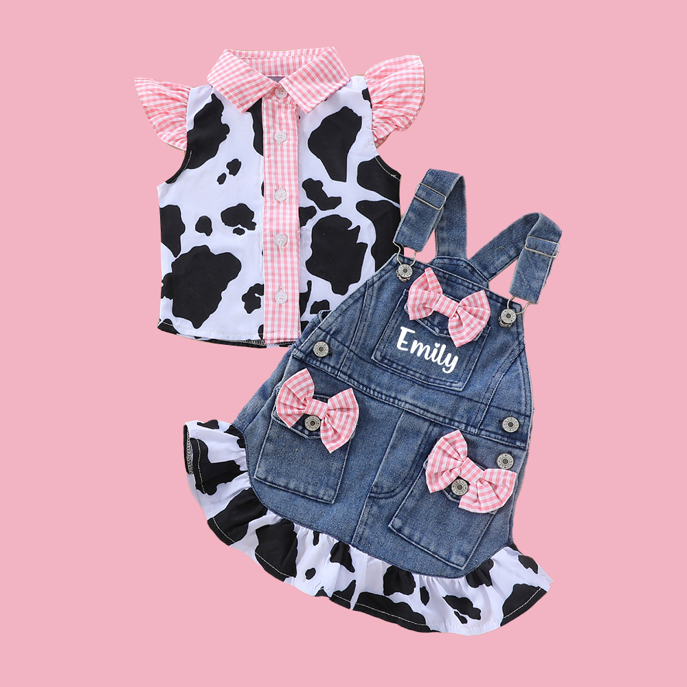 Personalized Baby Girl Cow Print Denim Overall Dress Set| BBcloth132