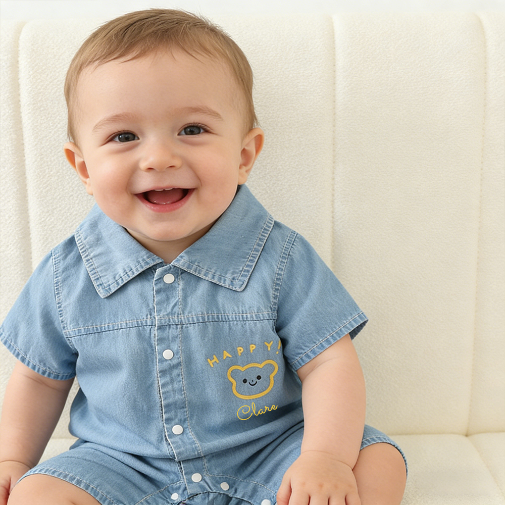 Personalized Baby Bear Print Denim Romper| BBcloth133