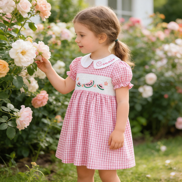 Personalized Girl  Watermelon Embroidered Pink Dress| Dress84