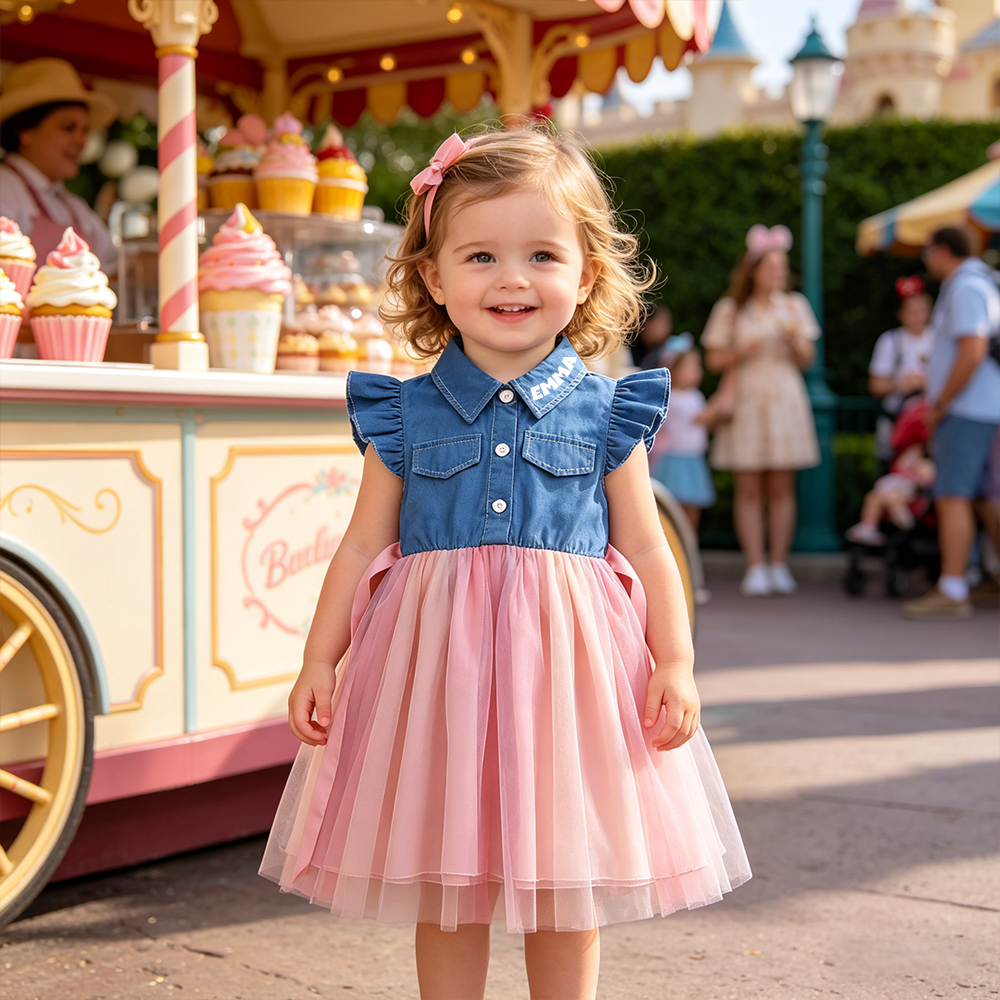 Personalized Girl Ruffle Sleeve Denim and Tulle Dress| Dress90