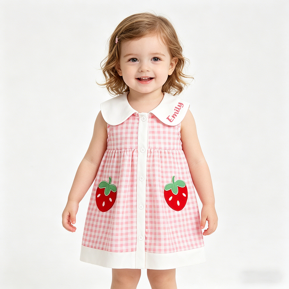 Personalized Girl Check Strawberry Sleeveless Summer Dress| Dress94