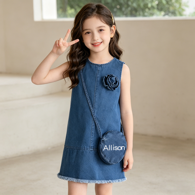 Personalized Girl Denim Dress with Matching Bag| Dress96