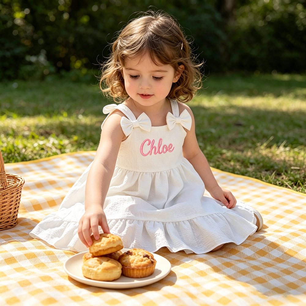 Personalized Girl Embroidered Name Bow Strap Dress| Dress99