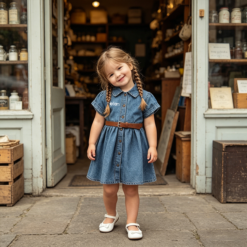Personalized Girl Vintage Wash Denim Shirtdress with Brown Belt| Dress98
