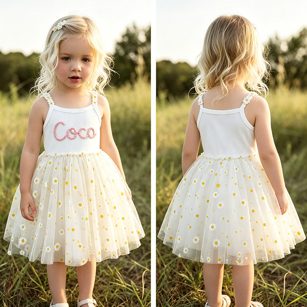Personalized Girl Hand Knitted Rainbow Daisy Tutu Dress| Dress100