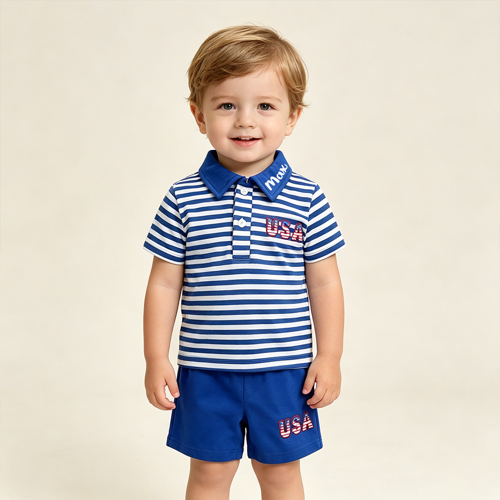 Personalized Boy 4th of July Boys' Striped Polo Outfit| cloth282