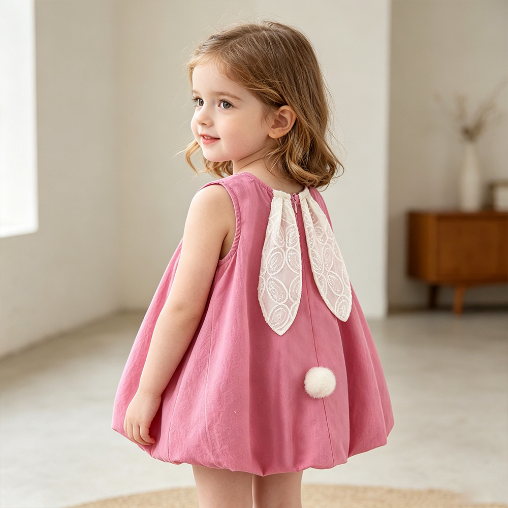 Personalized Girl Pink Sleeveless Bunny Ears Dress| Dress103