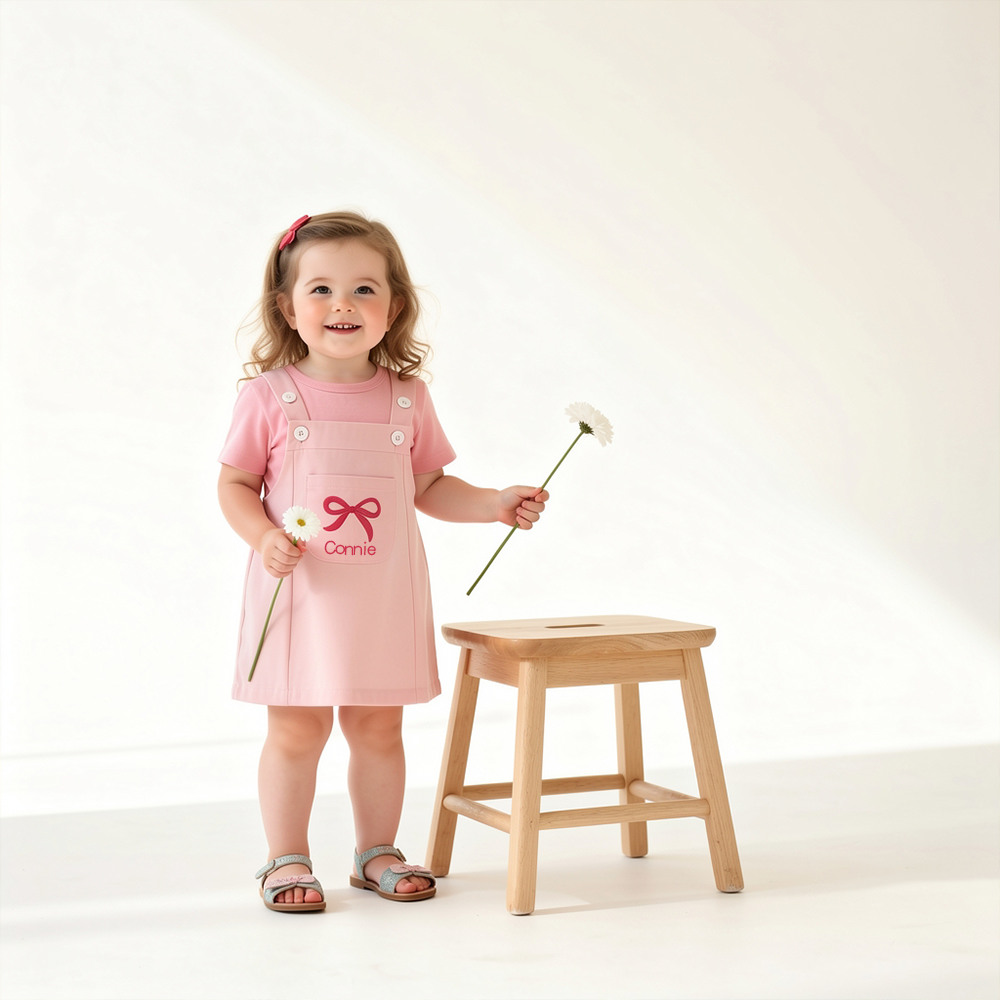 Personalized Girl Pink Bow Pinafore Dress Set| Dress107