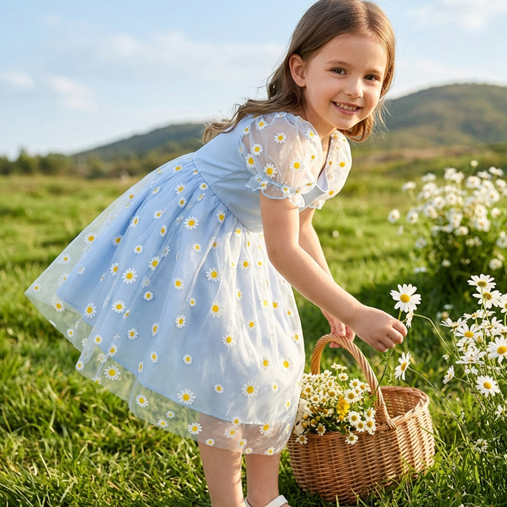 Personalized Girl Puff Sleeve Daisy Dress| Dress109