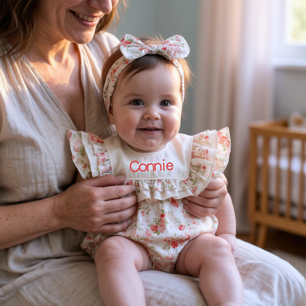 Personalized Girl's Floral Cotton Dress With Headband| Dress113