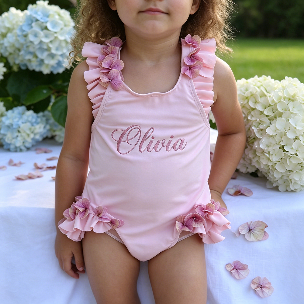 Personalized Girl Embroidered Pink Floral Ruffle One-Piece| Swimsuit08