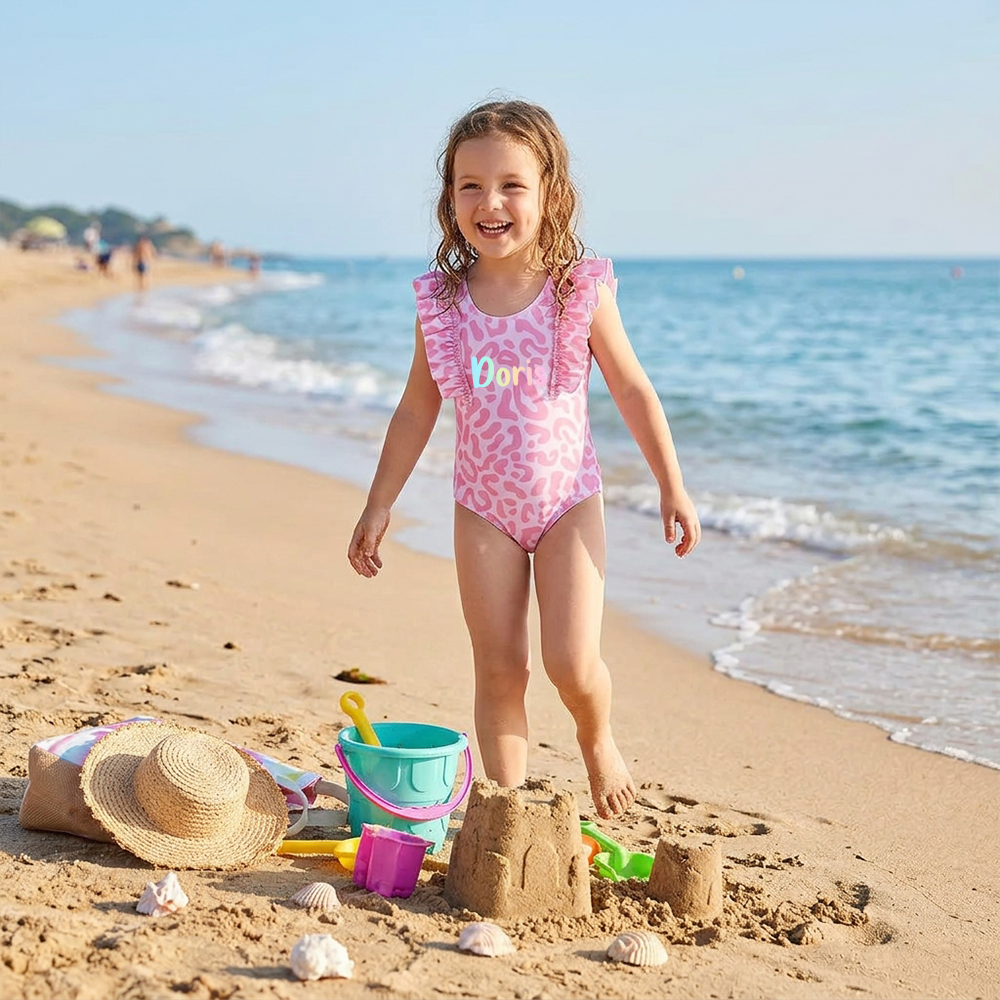 Personalized Girl Pink Leopard Ruffle One-Piece| Swimsuit09