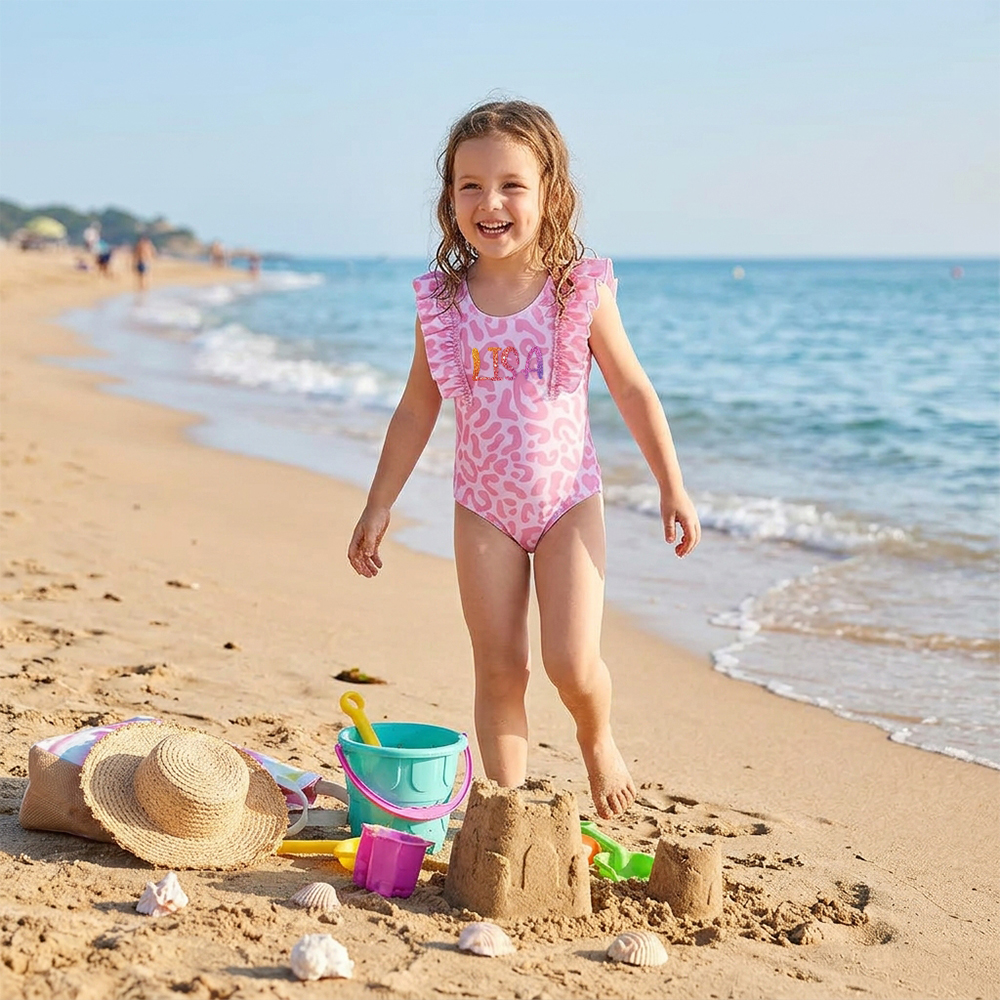 Personalized Girl Pink Leopard Ruffle One-Piece| Swimsuit0901