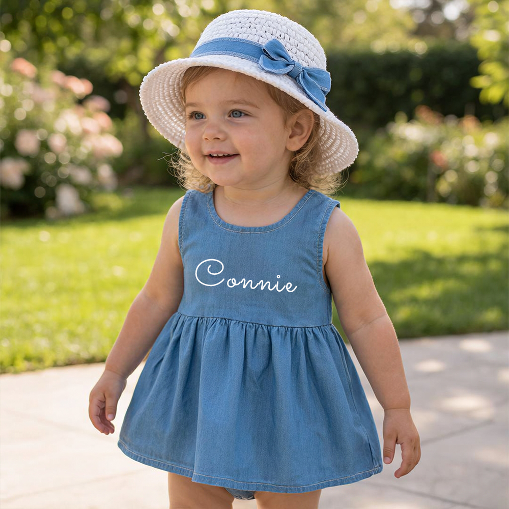 Personalized Girl Denim Dress with Straw Hat| Dress119