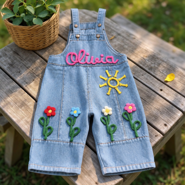 Personalized Kids Embroidered Oversized Denim Overalls| Pants60