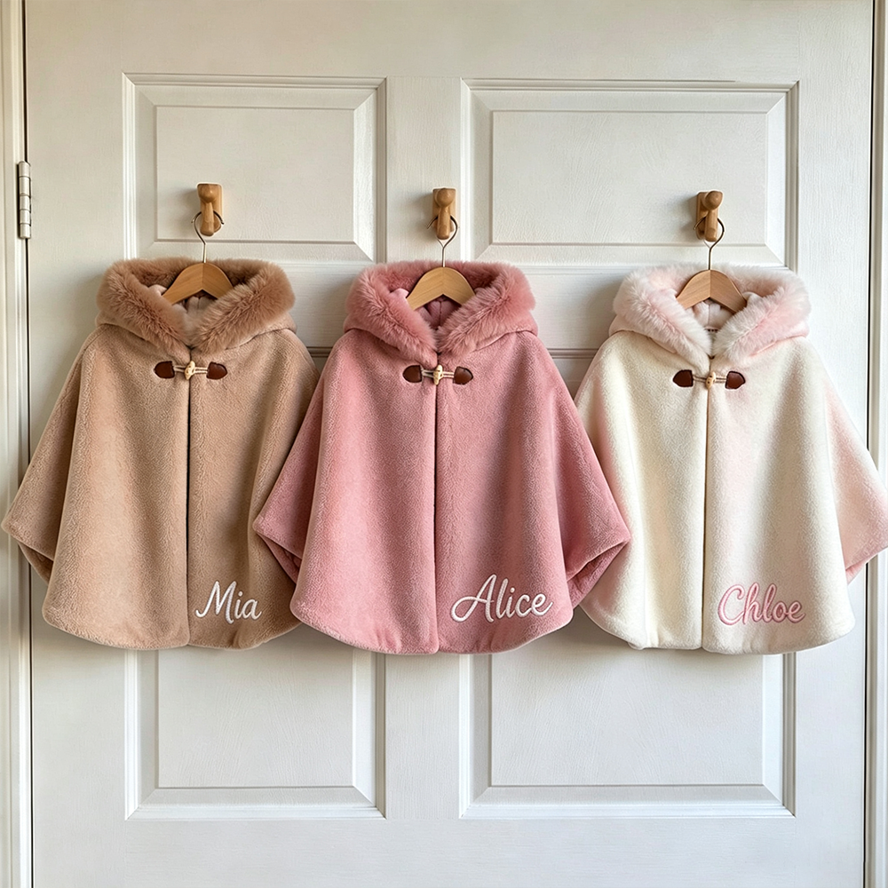 Personalized Girls Faux Fur Trim Winter Poncho Hooded Cape Coat| Cloth287