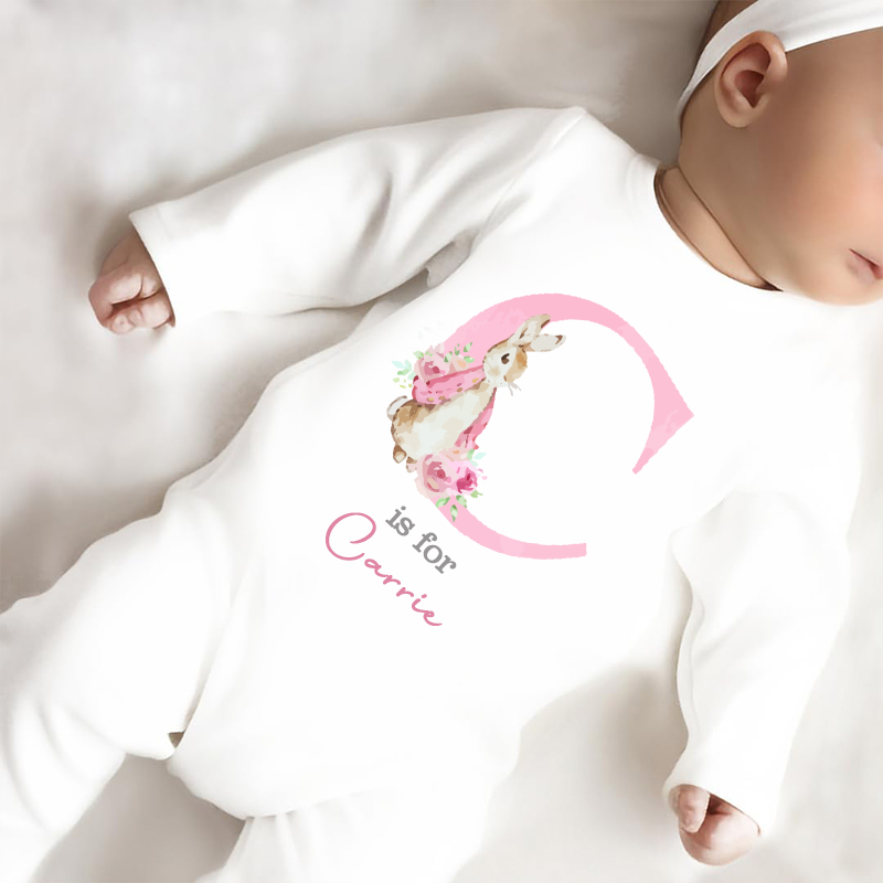Personalized Pink Rabbit Initial Baby Sleepsuit| BBCloth08