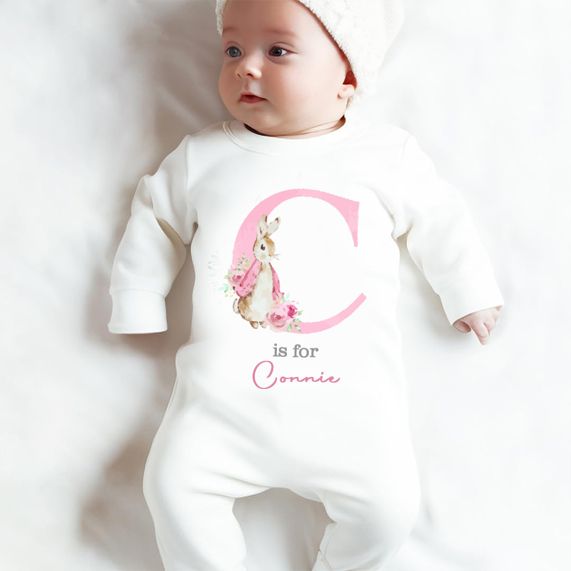 Personalized Pink Rabbit Initial Baby Sleepsuit| BBCloth08