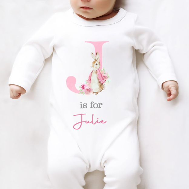 Personalized Pink Rabbit Initial Baby Sleepsuit| BBCloth08
