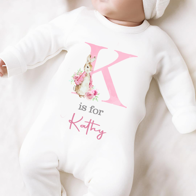 Personalized Pink Rabbit Initial Baby Sleepsuit| BBCloth08
