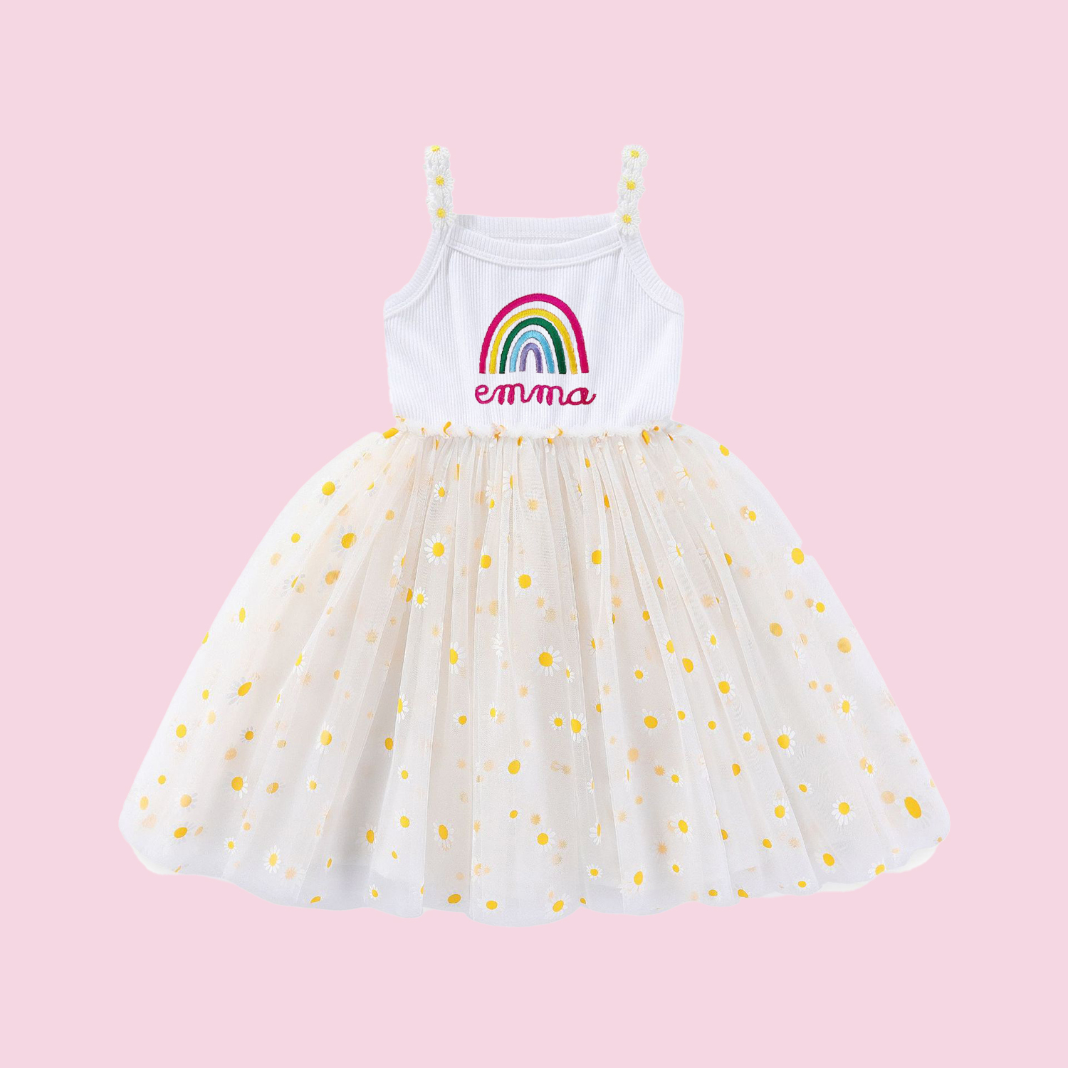 Personalized Girl Embroidered Rainbow Daisy Tutu Dress| Dress14