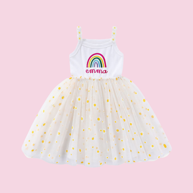 Personalized Girl Embroidered Rainbow Daisy Tutu Dress| Dress14