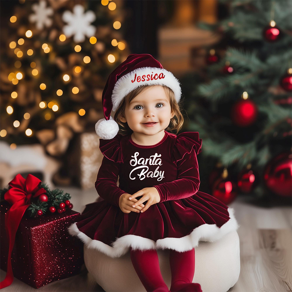 Personalized Santa Baby Outfit with Embroidered Party Hat|YESMC01