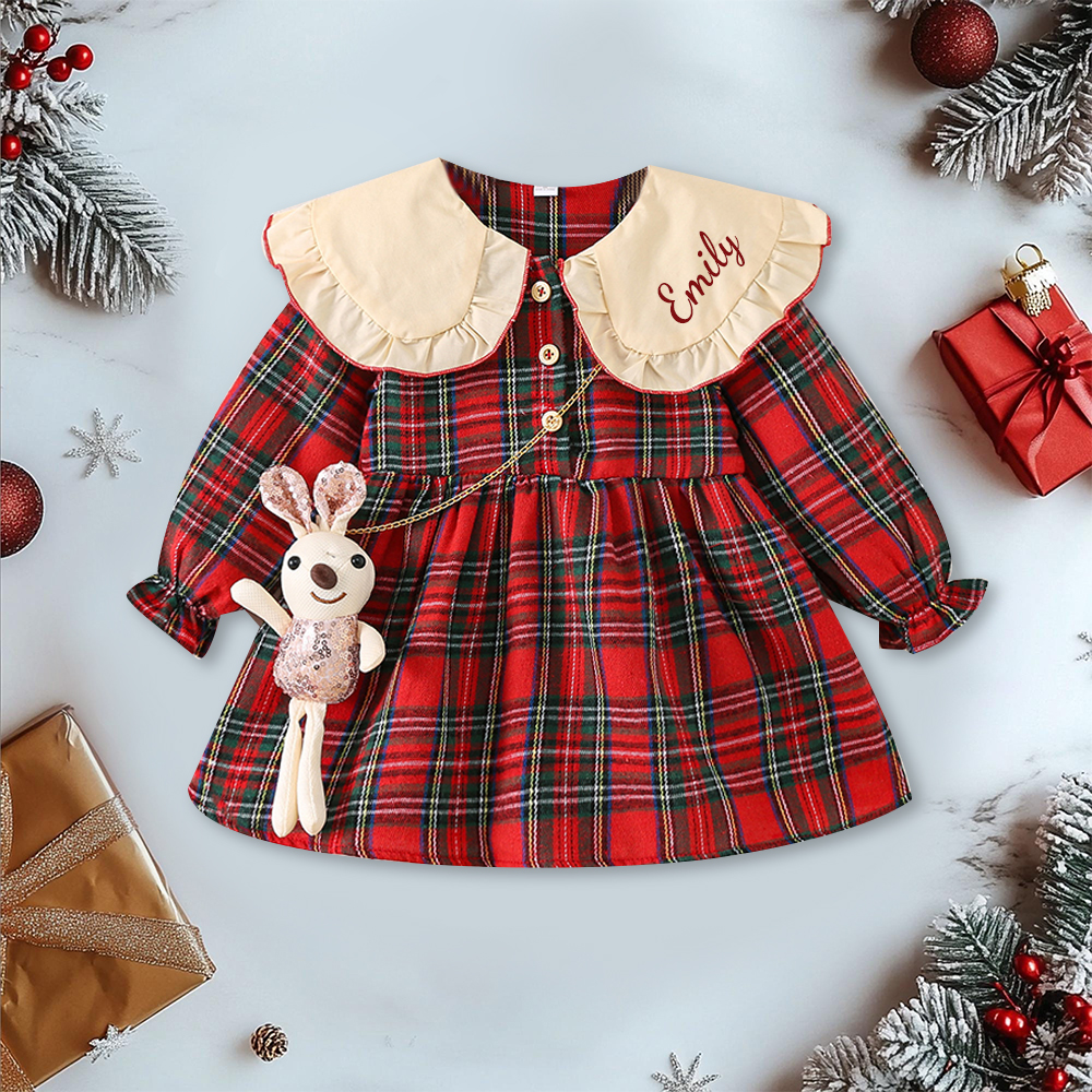 Personalized Baby Girl Peter Pan Collar Dress With Bunny Bag| YESMC28