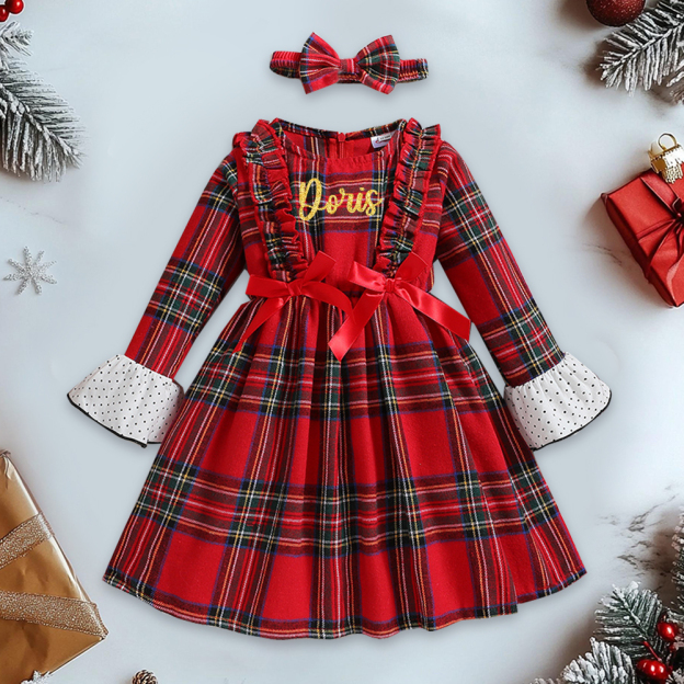 Personalized Girl Red Plaid Christmas Dress Set with Headband|YESMC18