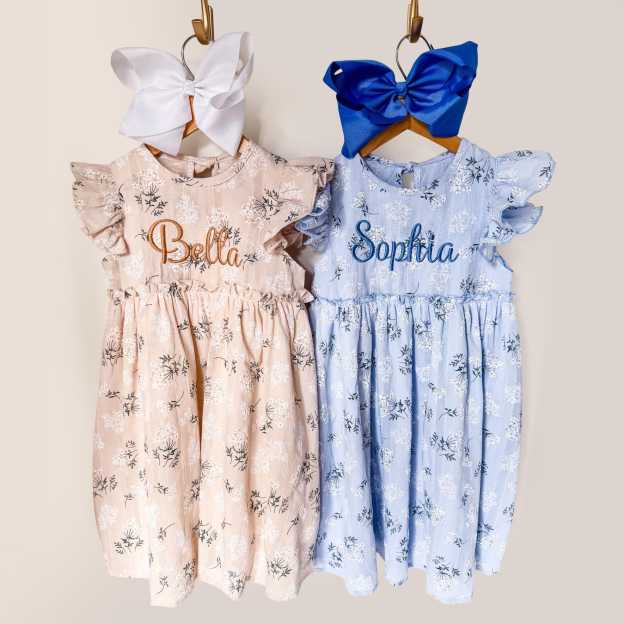 Personalized Girl Embroidered Name Floral Dress With Bow| Dress80