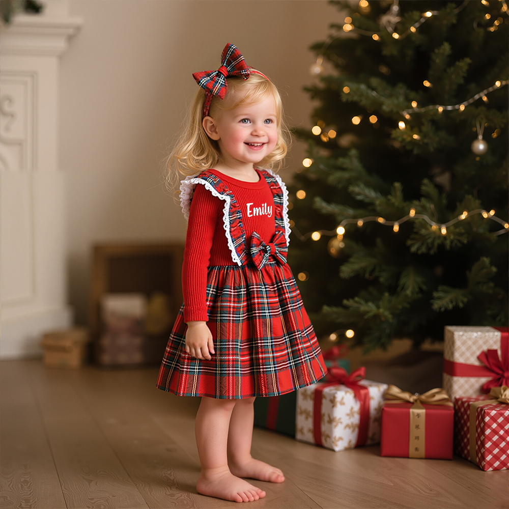 Personalized Girl Christmas Baby Plaid Dress|YESMC13