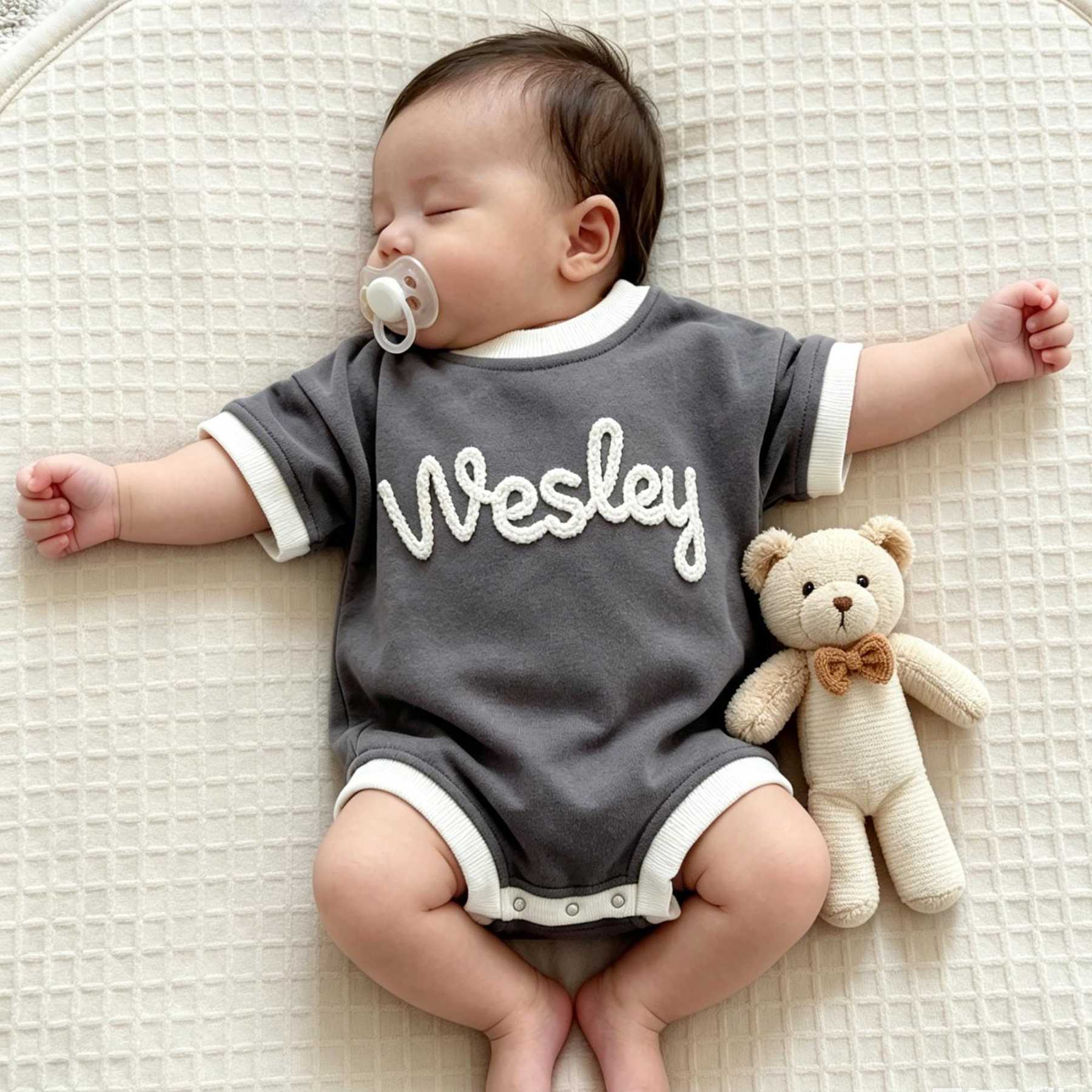 Personalized Hand Embroidered Short Sleeve Baby Bubble Romper | BBcloth142