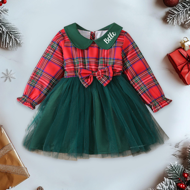 Personalized Girl Christmas Mesh Bowknot Dress|YESMC15