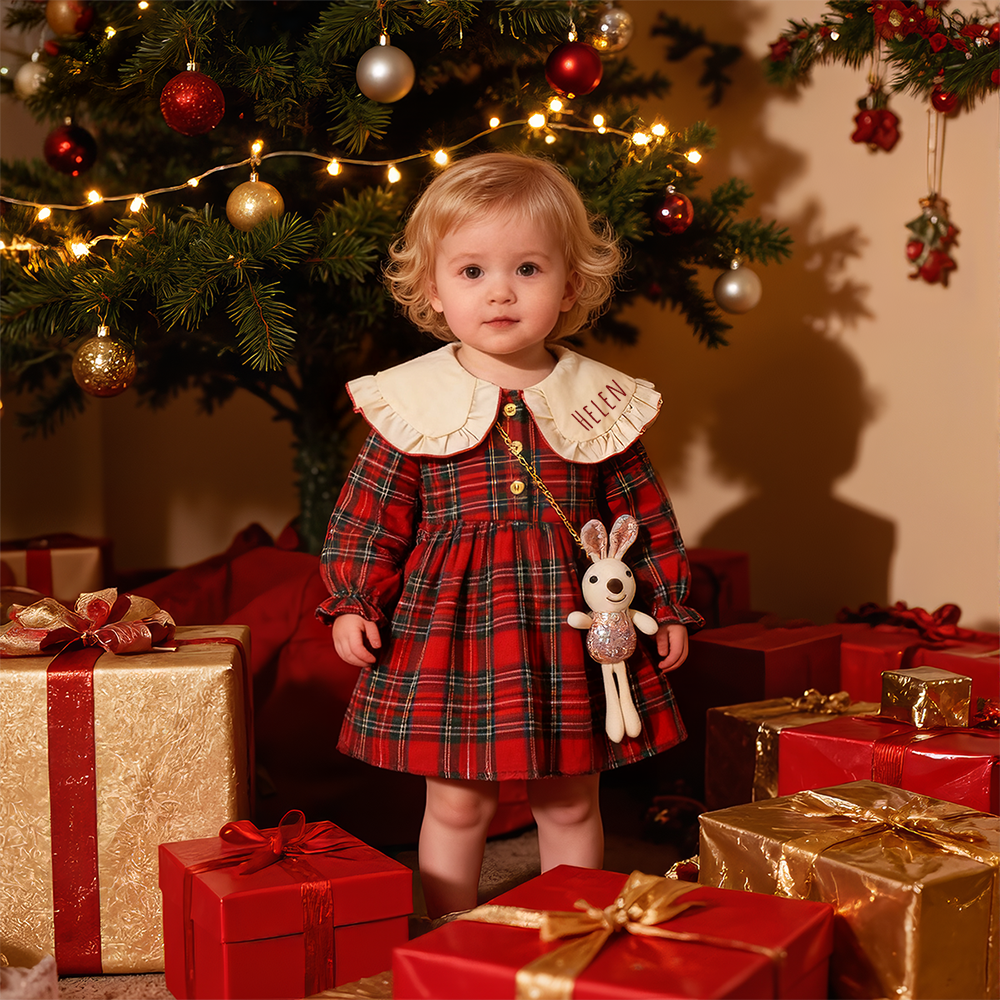 Personalized Baby Girl Peter Pan Collar Dress With Bunny Bag| YESMC28