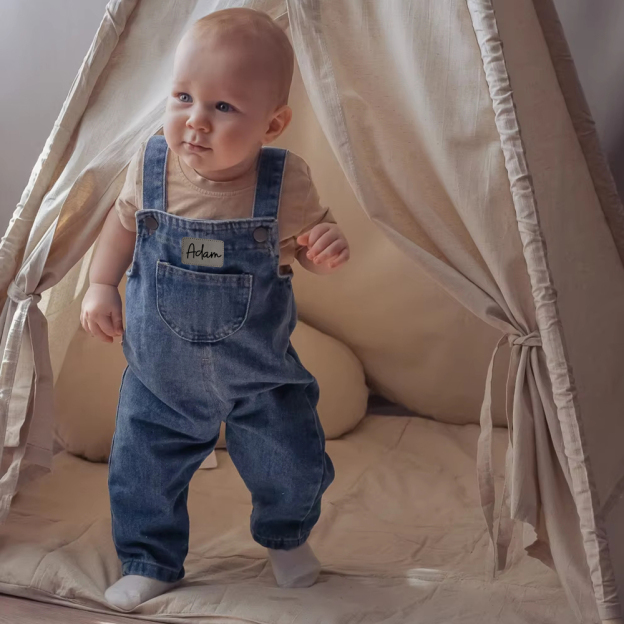 Personalized Kids Leather Patch Denim Overalls| Pants03