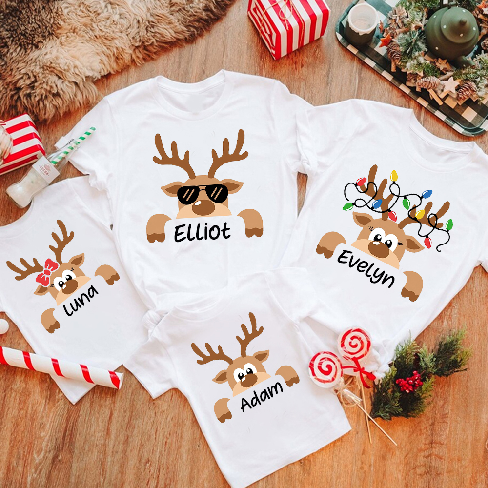 Personalized Reindeer Family Christmas Monogrammed Name T-Shirt| Match0418