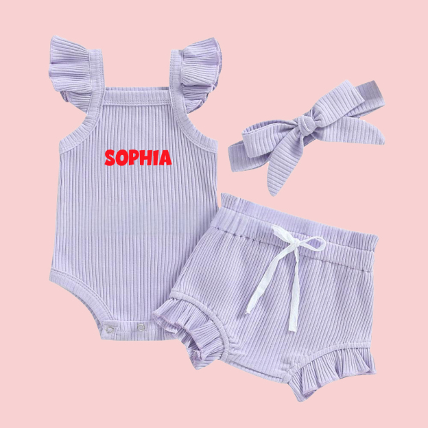 Personalized  3PCS Baby Girl Causal Ribbed Bodysuit Set| BBCloth91