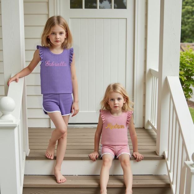 ]Personalized Girl Summer Ruffle T-Shirt and Shorts Set| Cloth233