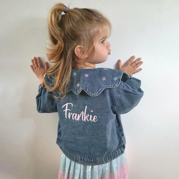 Personalized Embroidery Lovely Bubble Sleeves Denim Jacket | CWBaby340