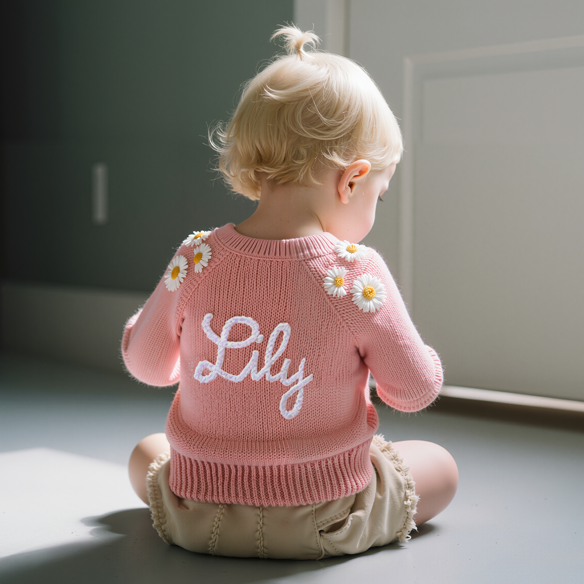 Personalized Baby Hand Embroidered Daisy Cardigan| Cloth241