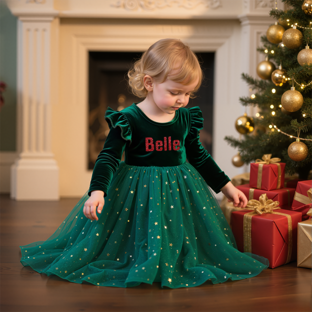 Personalized Girl Christmas Star Sequin Tulle Dress|YESMC05