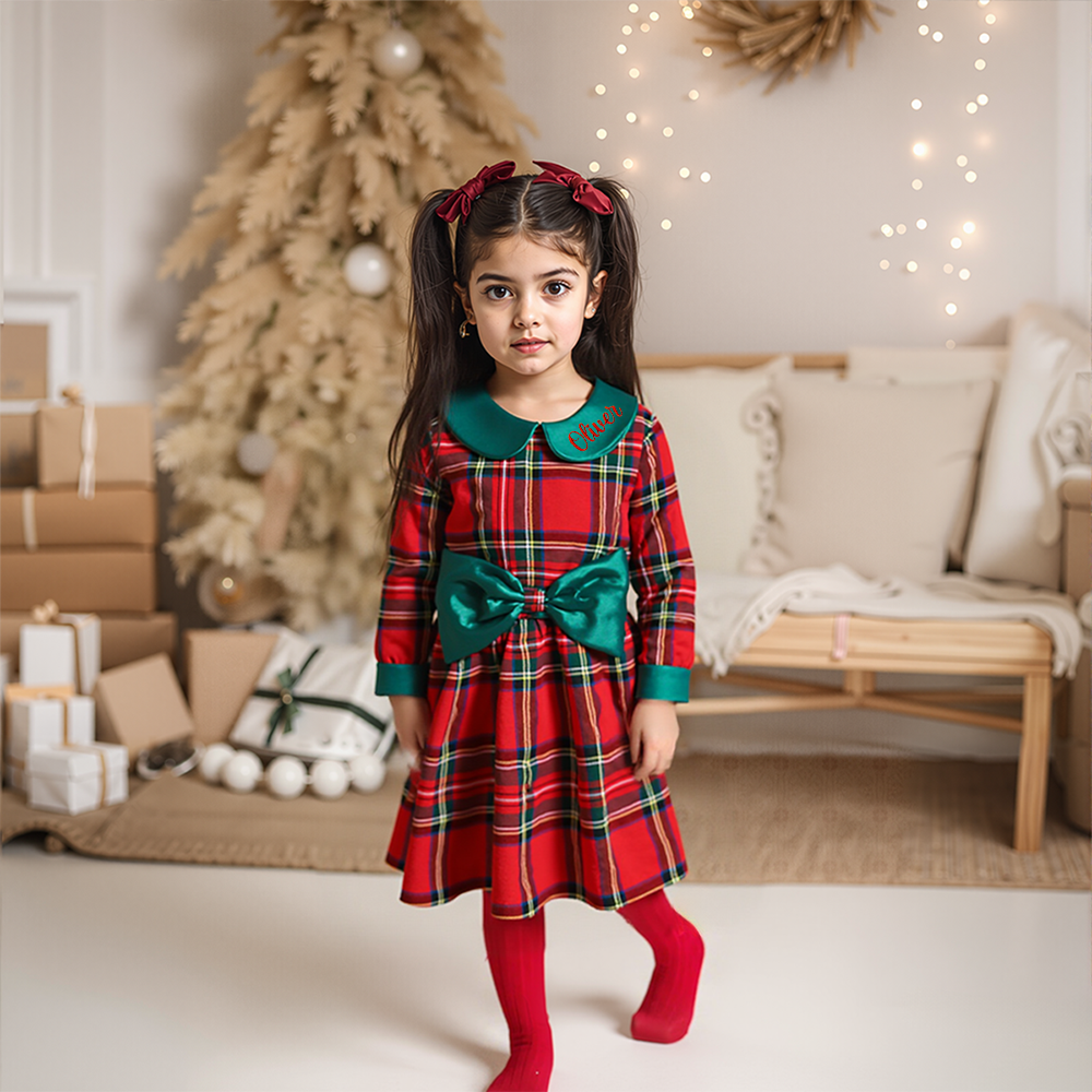 Personalized Girl Christmas Big Bow Doll Collar Dress|YESMC06