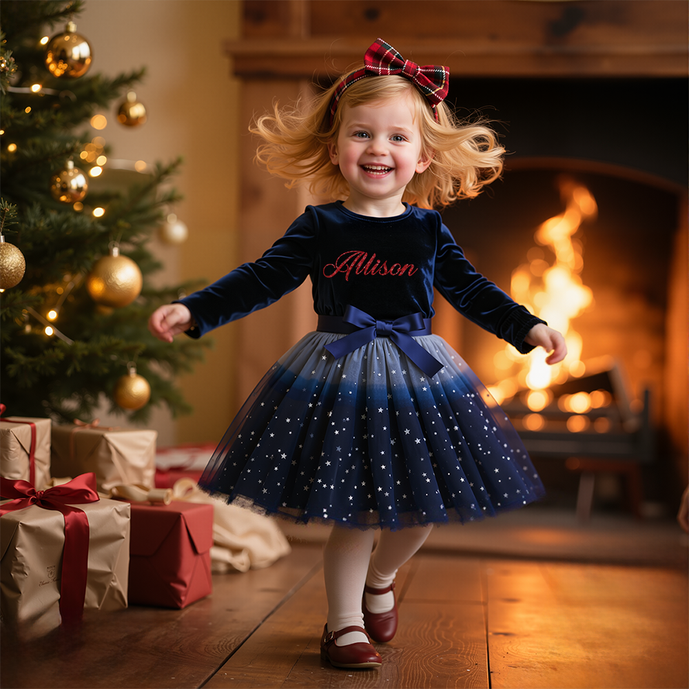 Personalized Christmas Girl Bow Star Mesh Party Dress|YESMC10