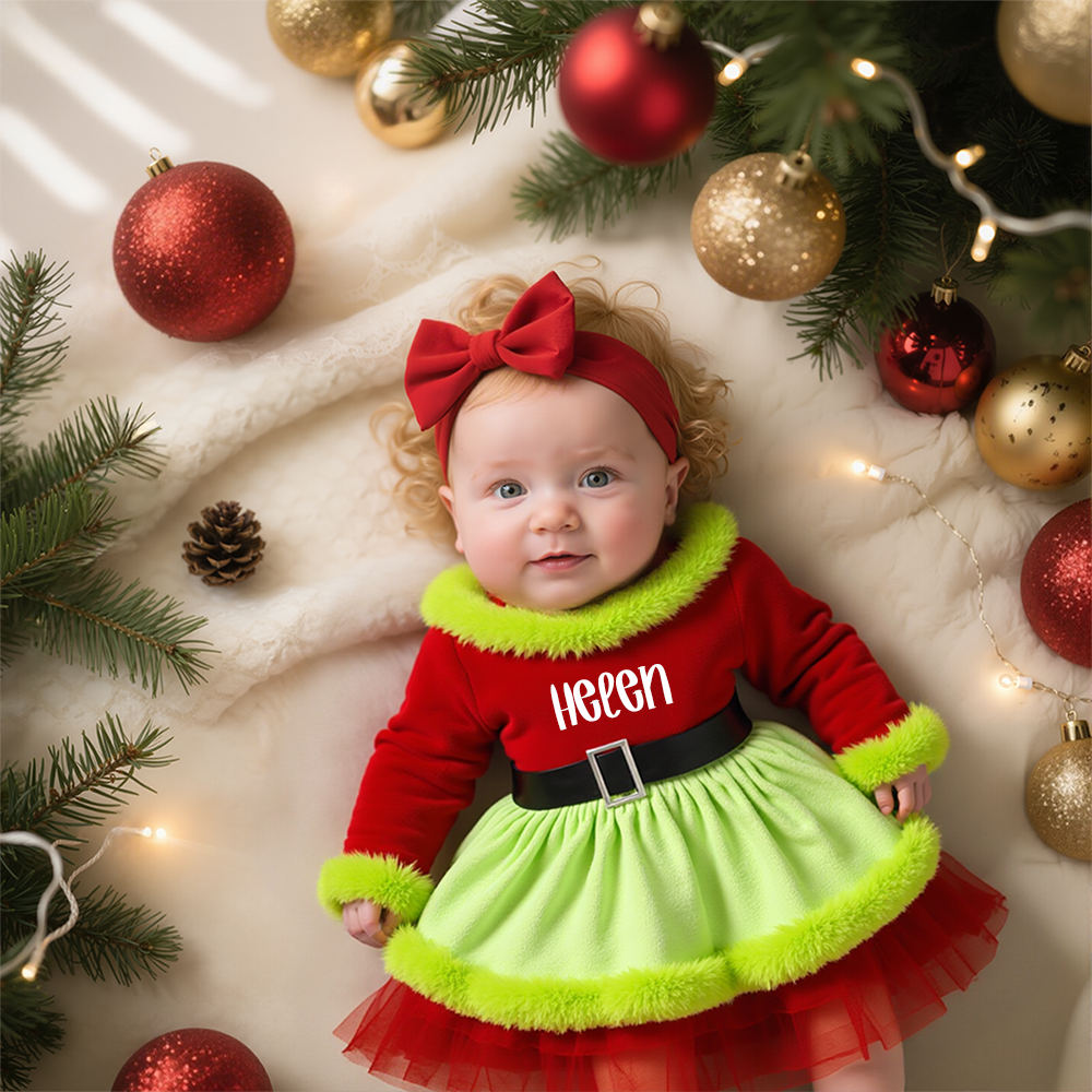 Personalized Girl Christmas  Baby Velvet Dress With Headband|YESMC11