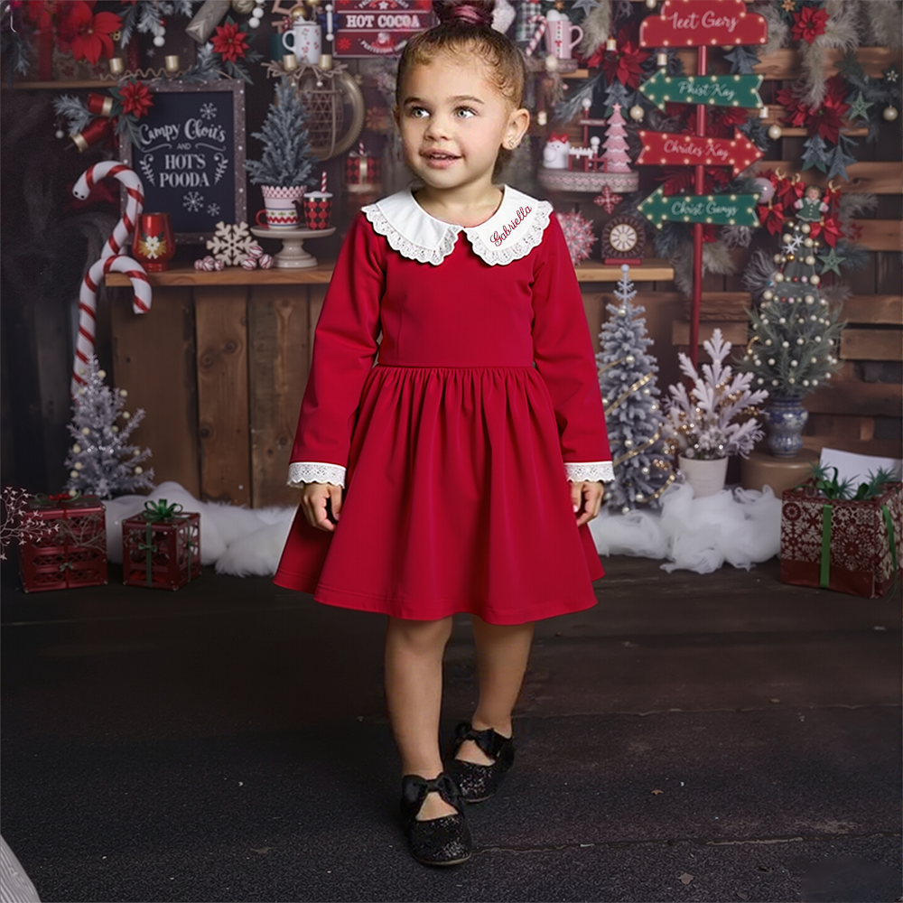 Personalized Christmas Girl Elegant White Doll Collar Dress|YESMC09